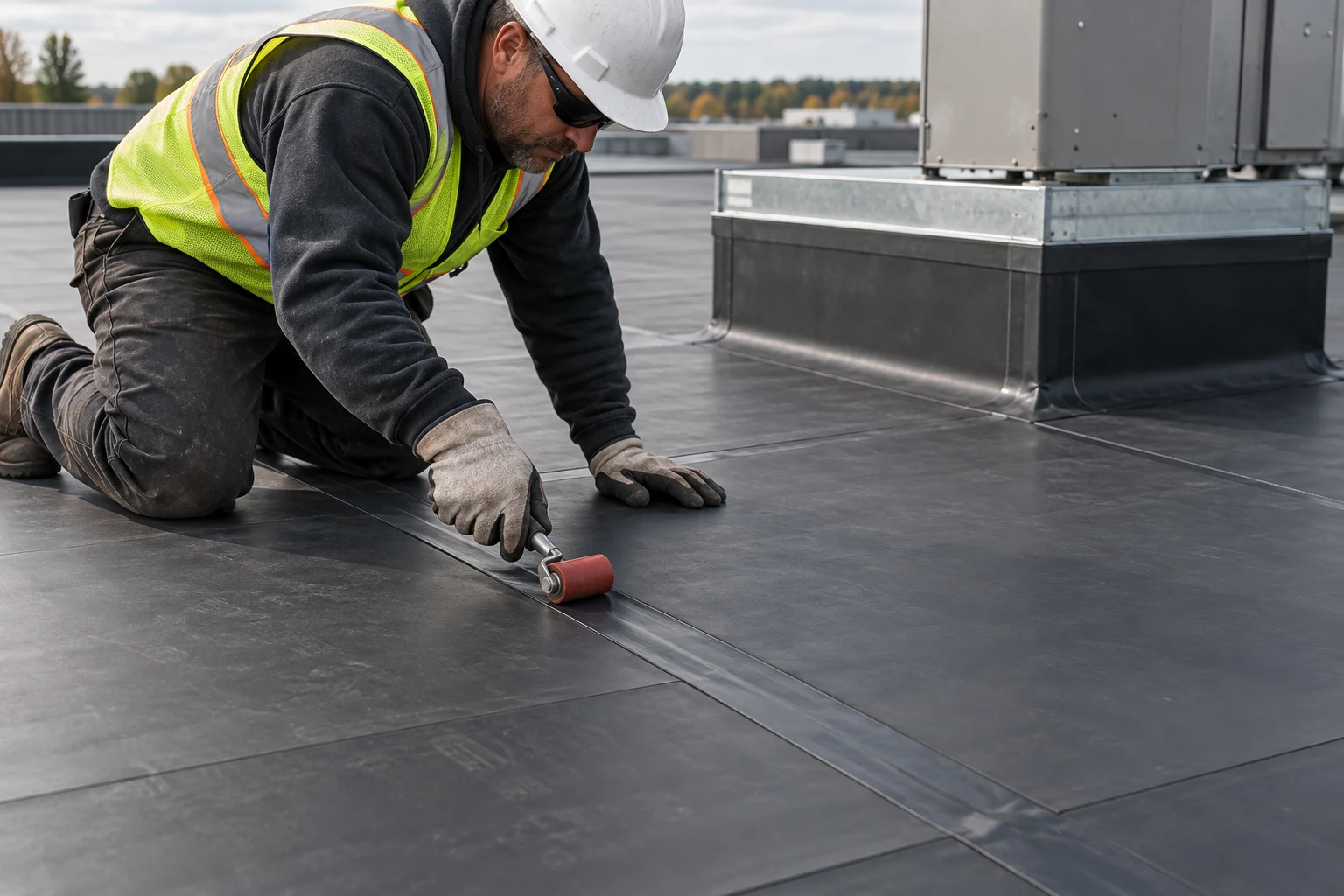 Roofer rolling a seam on a dark rubber membrane beside an equipment curb