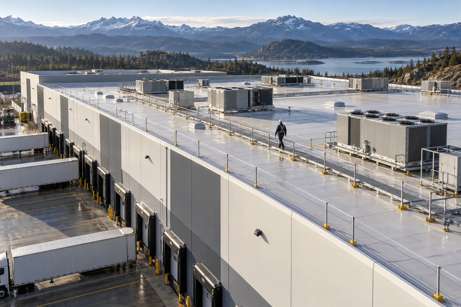 Large industrial building with rooftop equipment and a protected access walkway