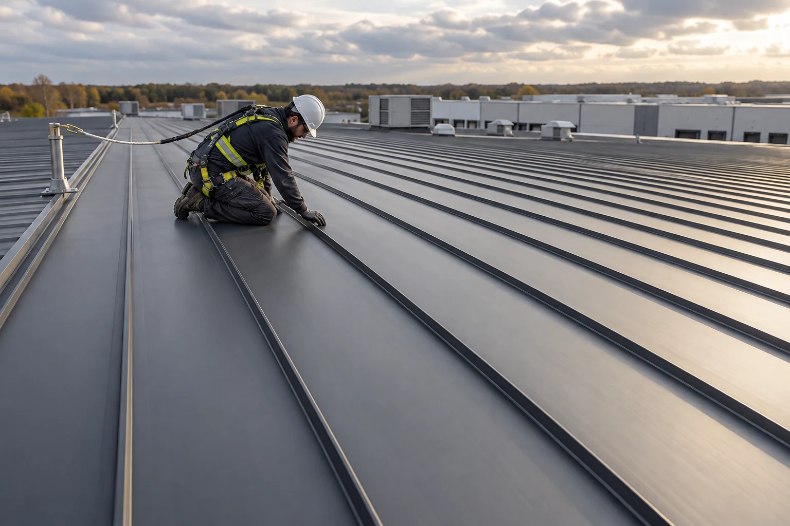 Worker inspecting a standing-seam metal roof on a commercial building