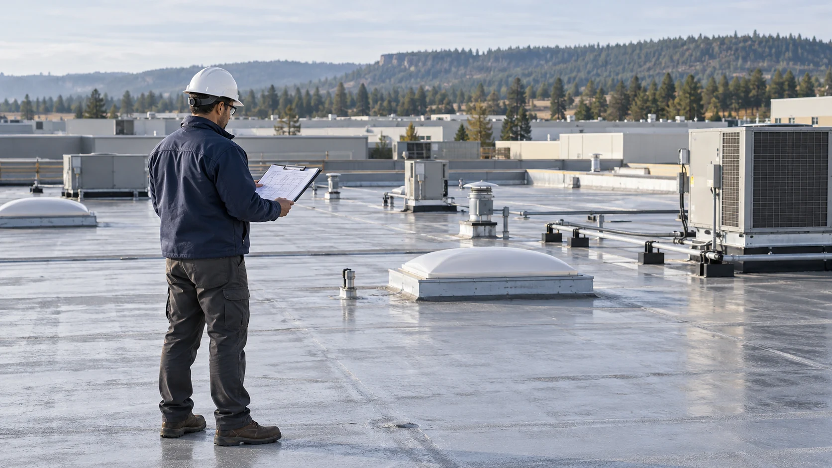 Commercial roof inspector reviewing a roof plan near mechanical equipment