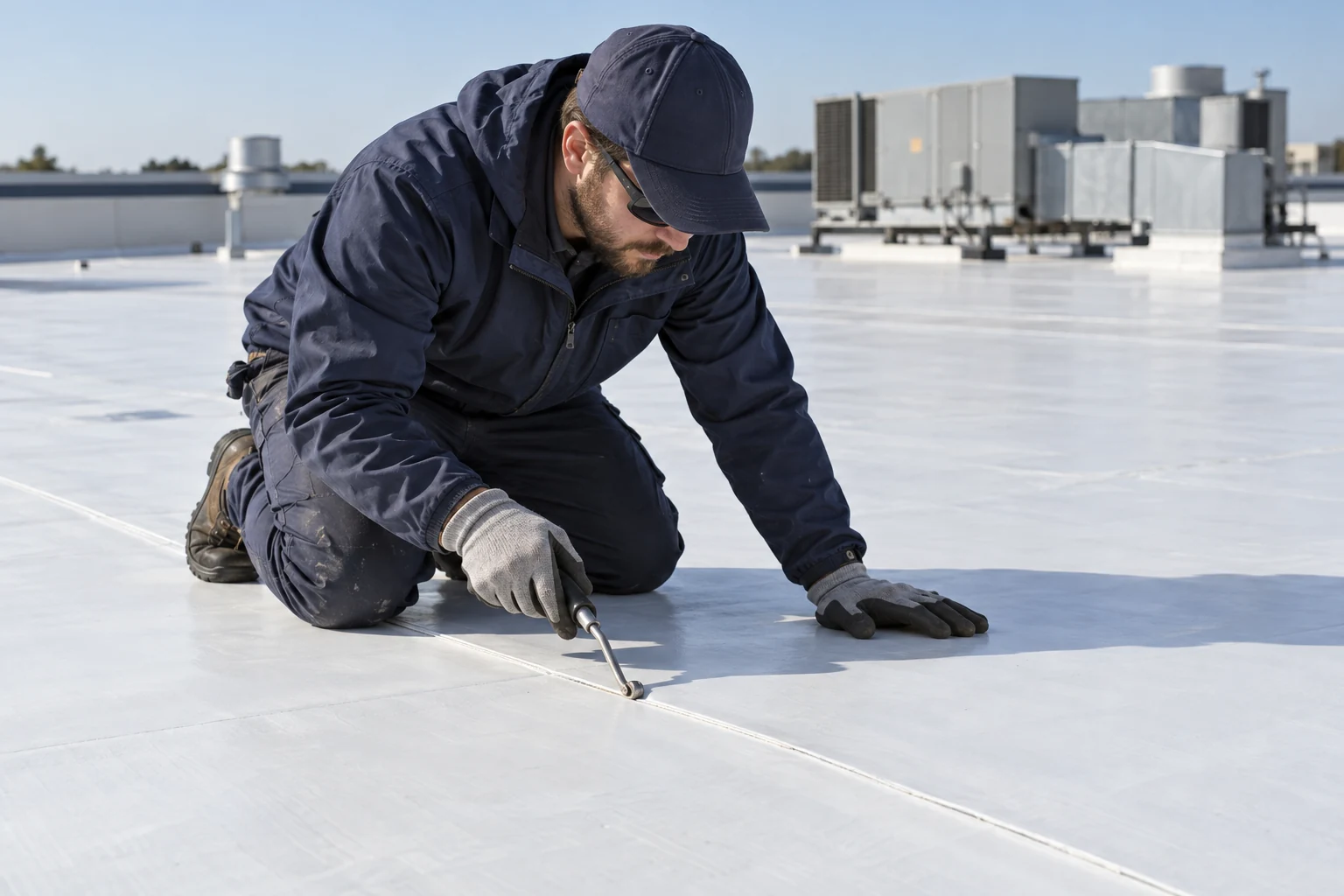 Technician checking a lap seam on a white commercial roofing membrane