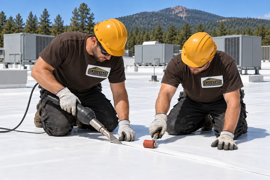 Two roofers heat-welding a white TPO seam on a large flat roof with rooftop units behind