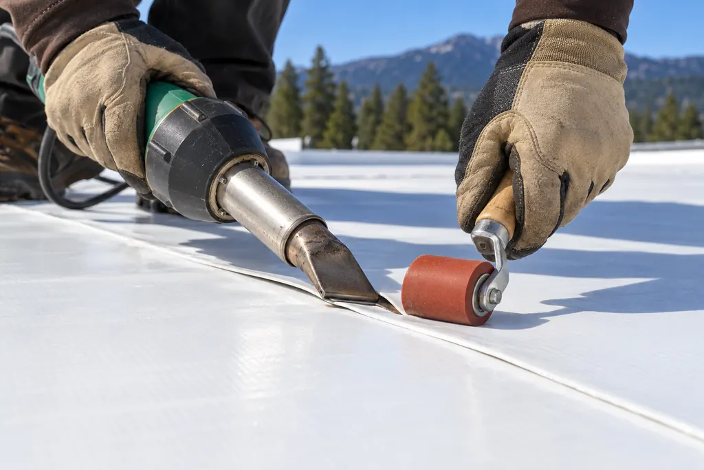 Gloved hands pressing a white TPO seam with a silicone roller behind a hand welder