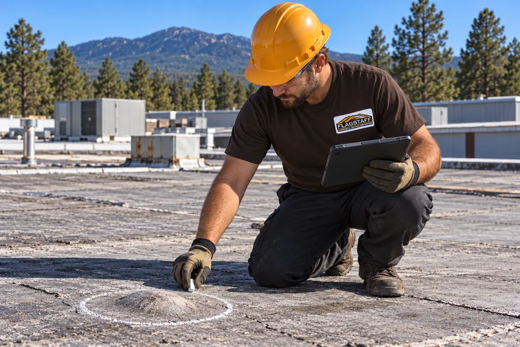 Roofer photographing a blistered area of an older low-slope roof and marking it with chalk