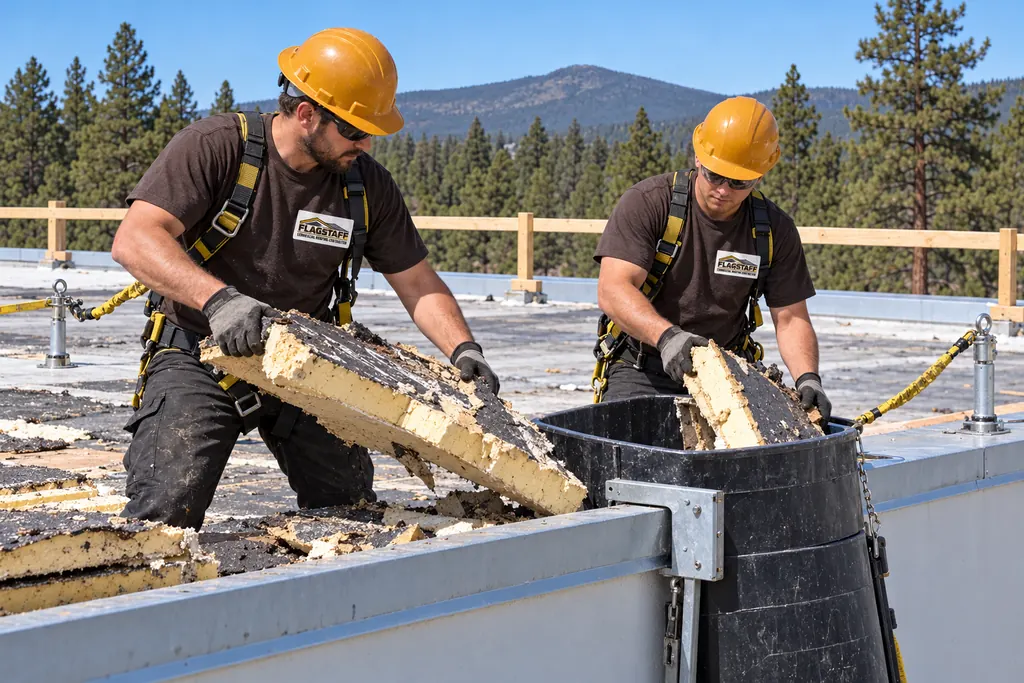 Two roofers loading torn-off insulation into a debris chute at the roof edge