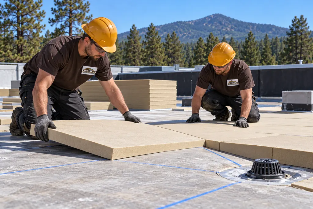 Roofers laying tapered insulation boards toward a roof drain
