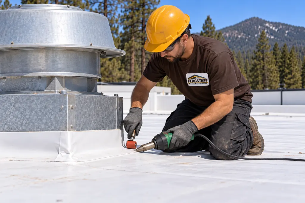 Roofer flashing the base of a rooftop exhaust-fan curb with membrane