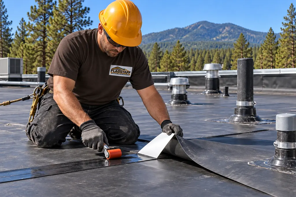 Roofer applying seam tape to a black EPDM roof with a hand roller, pipe penetrations around