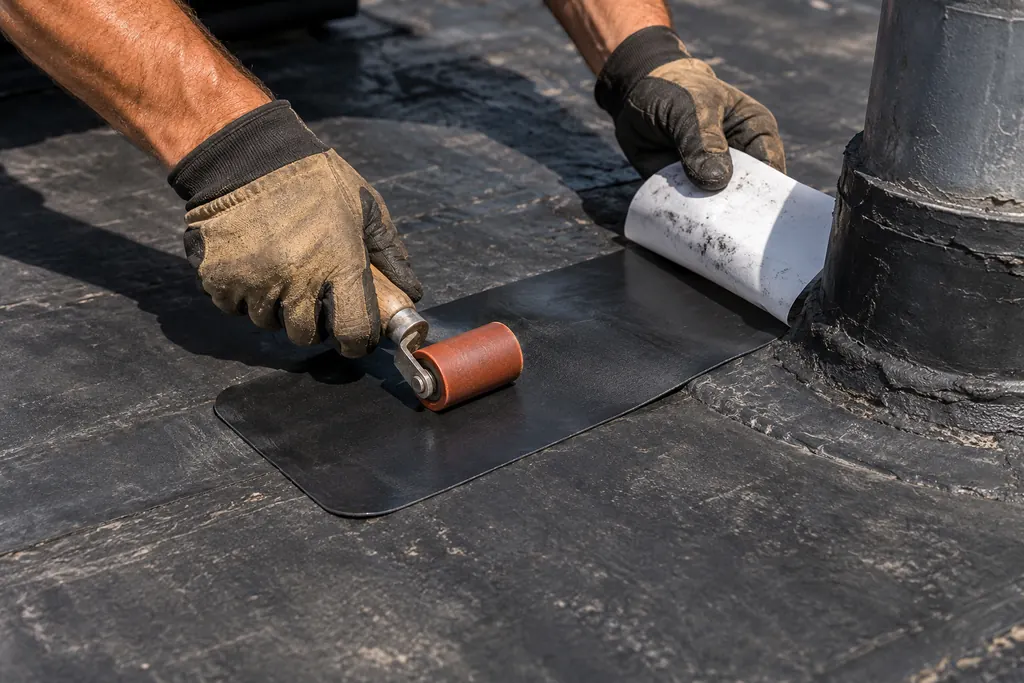 Close-up of a roofer rolling a cover-tape patch onto aged black EPDM