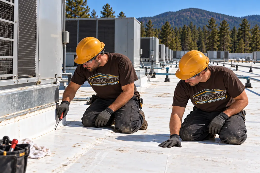 Two roofers checking membrane around rooftop refrigeration units on an industrial roof