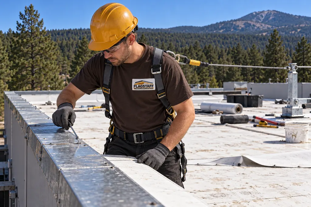 Roofer clipped to a lifeline checking edge metal on a large industrial roof near Bellemont, AZ