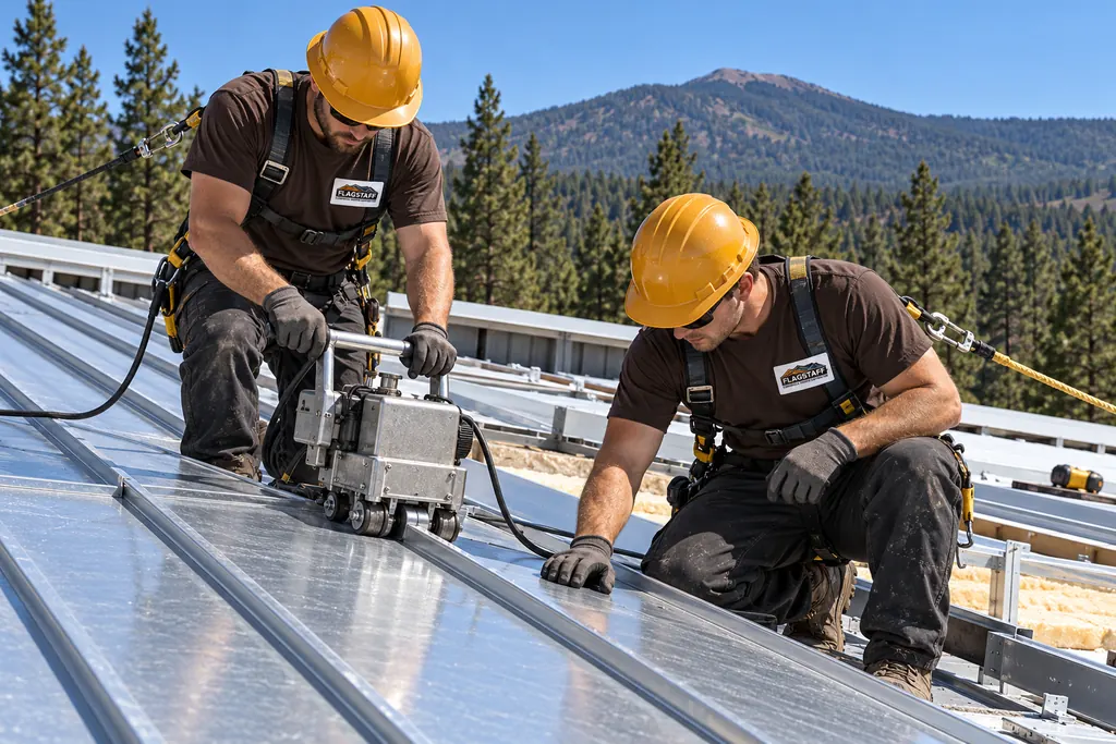 Two roofers running an electric seamer along standing-seam metal panels