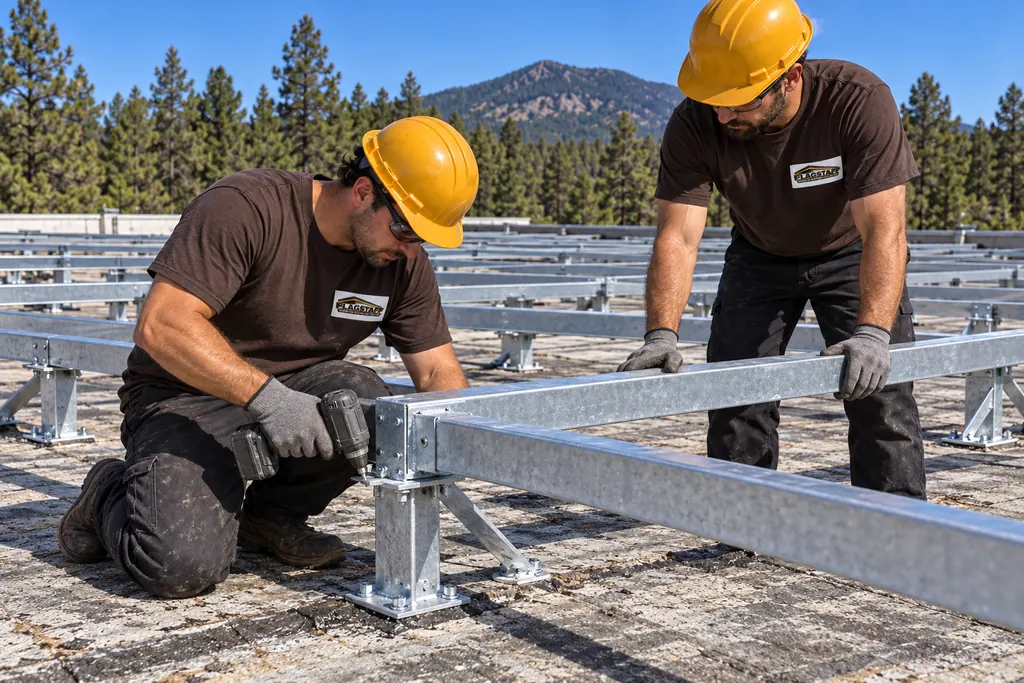 Roofers installing metal retrofit framing over an old flat roof