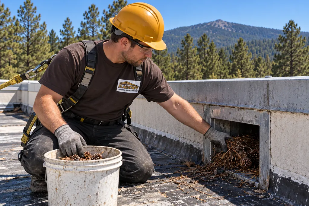 Roofer at a parapet overflow scupper scooping out pine needles and cones
