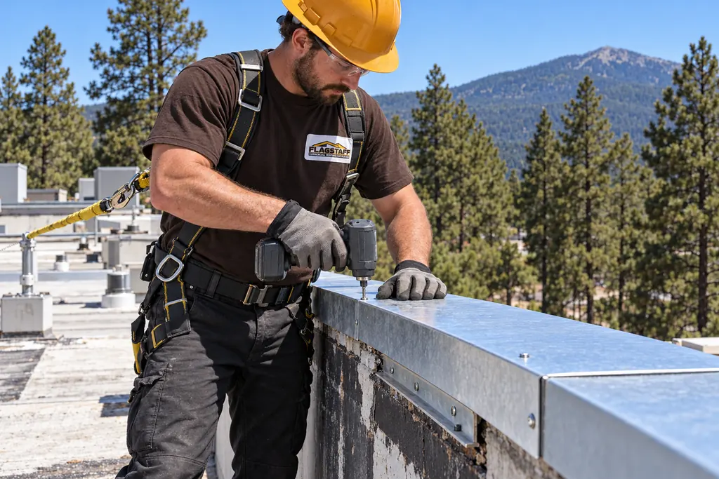 Roofer fastening metal coping cap along the parapet wall of a commercial roof