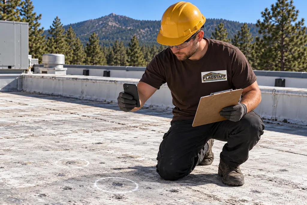 Roofer photographing hail bruises on a roof membrane while holding a clipboard