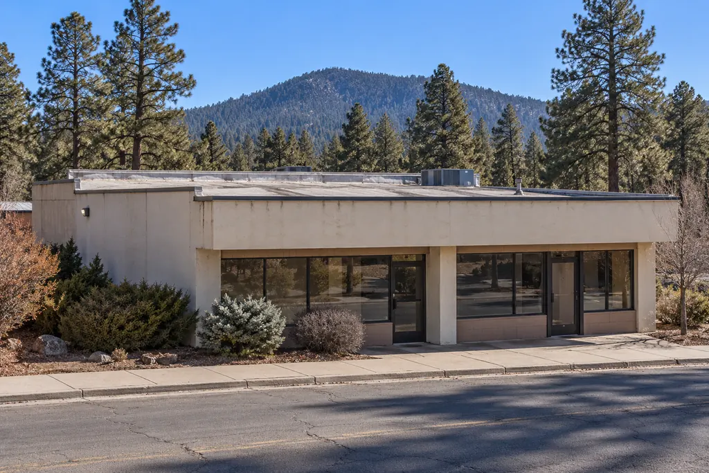 Low-slope retail building with ponderosa pines behind it in Kachina Village, AZ, seen from street level